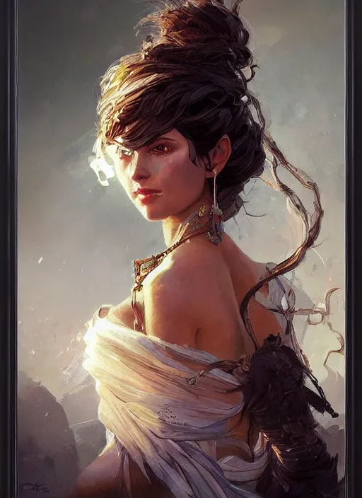 Prompt: a professional painting of an gypsy woman intricate, elegant, digital painting, concept art, smooth, sharp focus, finely detailed illustration, beautifully framed, from Metal Gear, in the style of Artgerm and Greg Rutkowski and William-Adolphe Bouguerea