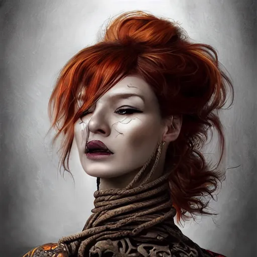 Image similar to portrait of a Shibari rope wrapped face and neck, headshot, insanely nice professional hair style, dramatic hair color, digital painting, of a old 15th century, old cyborg merchant, amber jewels, baroque, ornate clothing, scifi, realistic, hyperdetailed, chiaroscuro, concept art, art by Franz Hals and Jon Foster and Ayami Kojima and Amano and Karol Bak,