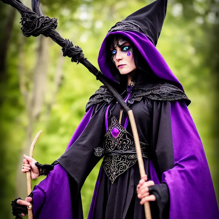 Image similar to photograph of a real - life beautiful! elemental darkness witch with ornate black and purple robes and staff. extremely detailed. 8 k