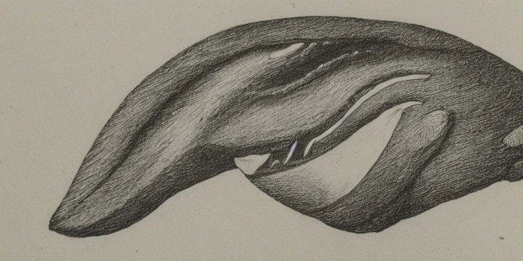 Image similar to pencil etching of a whale with pointed monstrous teeth, highly detailed