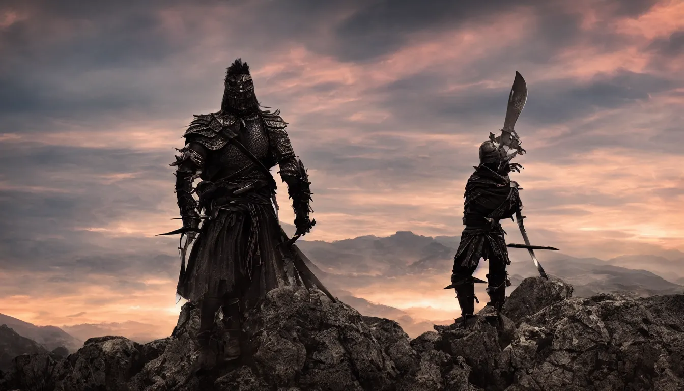 Prompt: dark armor warrior looking at the horizon on top of a mountain with a sword, close shot from the side, sunset, cinematic, epic, dark scenario, 8k, award winning,