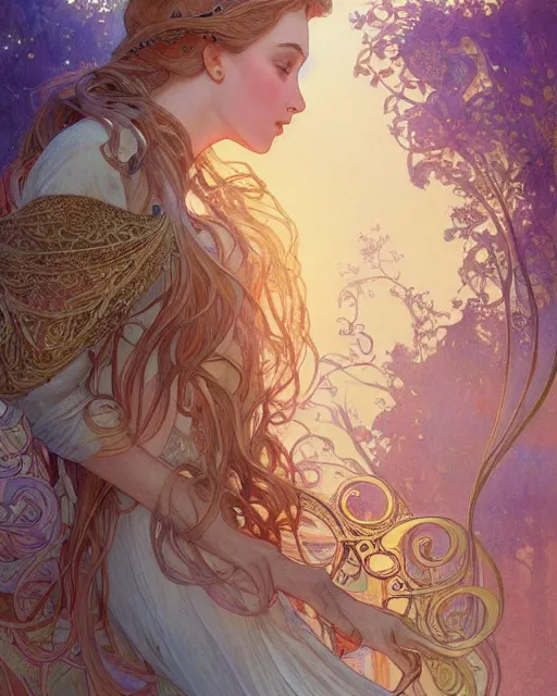 Image similar to a angle, highly detailed, very intricate, art nouveau, gold filigree, romantic storybook fantasy, soft cinematic lighting, award - winning, disney concept art watercolor illustration by mandy jurgens and alphonse mucha and alena aenami, pastel color palette, featured on artstation