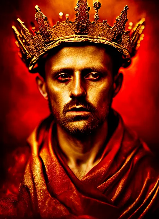 Image similar to 'Portrait of Crowned King Arthur' by Lee Jeffries royally decorated, whirling plasma, atmospheric motes, red and gold Sumptuous garb, gilt silk fabric, radiant colors, fantasy, perfect lighting, studio lit, micro details,