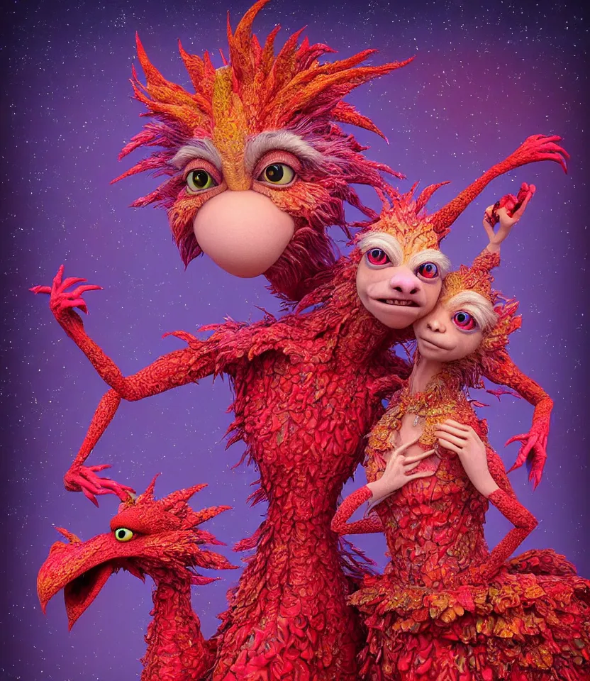 Image similar to hyper detailed 3d render like a Oil painting - kawaii portrait of sisters Aurora (a beautiful girl skeksis muppet fae princess protective playful expressive acrobatic from dark crystal that looks like Anya Taylor-Joy) seen red carpet photoshoot in UVIVF posing in scaly dress to Eat of the Strangling network of yellowcake aerochrome and milky Fruit and His delicate Hands hold of gossamer polyp blossoms bring iridescent fungal flowers whose spores black the foolish stars by Jacek Yerka, Ilya Kuvshinov, Mariusz Lewandowski, Houdini algorithmic generative render, golen ratio, Abstract brush strokes, Masterpiece, Edward Hopper and James Gilleard, Zdzislaw Beksinski, Mark Ryden, Wolfgang Lettl, hints of Yayoi Kasuma and Dr. Seuss, Grant Wood, octane render, 8k