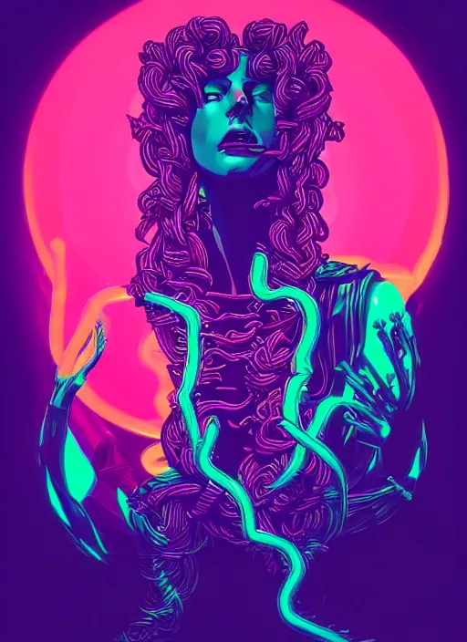 Image similar to medusa, beeple, vaporwave, retrowave, black background, neon wiring, black, glitch, strong contrast, cuts, pinterest, trending on artstation