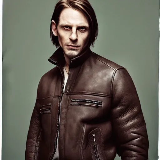 Prompt: Candid portrait photograph of Leon Scott Kennedy, taken by Annie Leibovitz, Leon is wearing a Classic B-3 Sheepskin Leather Bomber Jacket