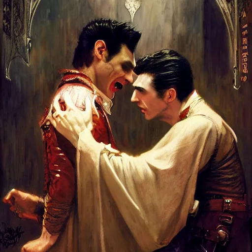 Image similar to attractive male, arthur pendragon confesses his love to attractive male dracula the vampire. highly detailed painting by gaston bussiere, craig mullins, j. c. leyendecker 8 k