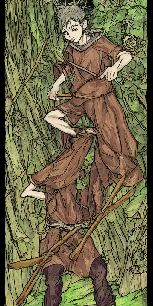 Prompt: an wood elf boy on the mountain side, anime style, tarot card, Tarot card the fool, fine line work, psychedelic, full color, earth tones
