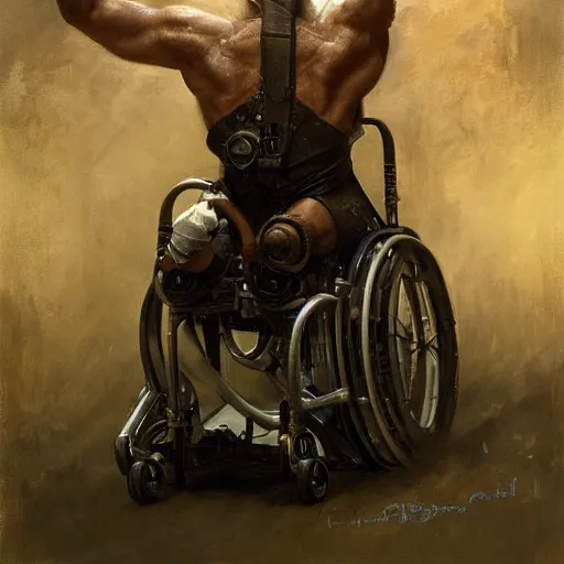 Image similar to handsome portrait of a wheelchair guy fitness posing, radiant light, caustics, war hero, one legged amputee, by gaston bussiere, bayard wu, greg rutkowski, giger, maxim verehin