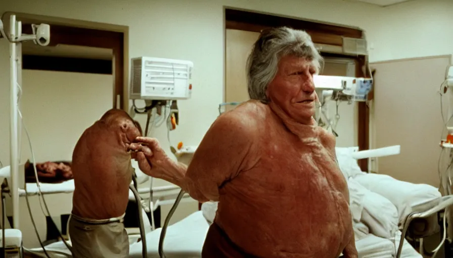 Prompt: 7 0 s movie still of a old meat man in the hospital, cinestill 8 0 0 t 3 5 mm eastmancolor, heavy grain, high quality, high detail