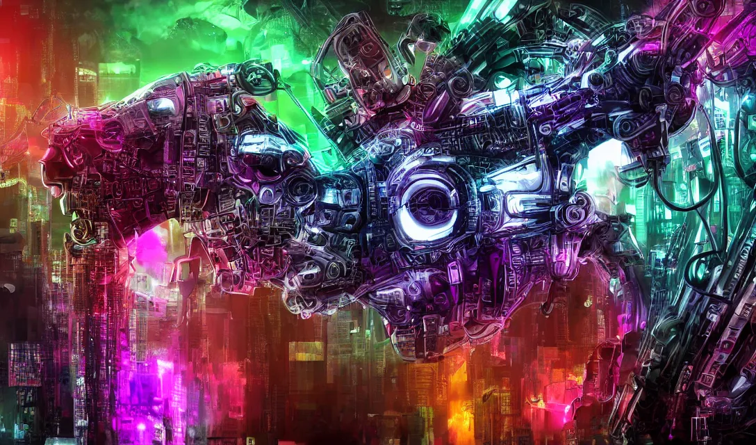 Image similar to complex cyberpunk machine background merged with evil cybernetic goat head centered!, multicolored digital art