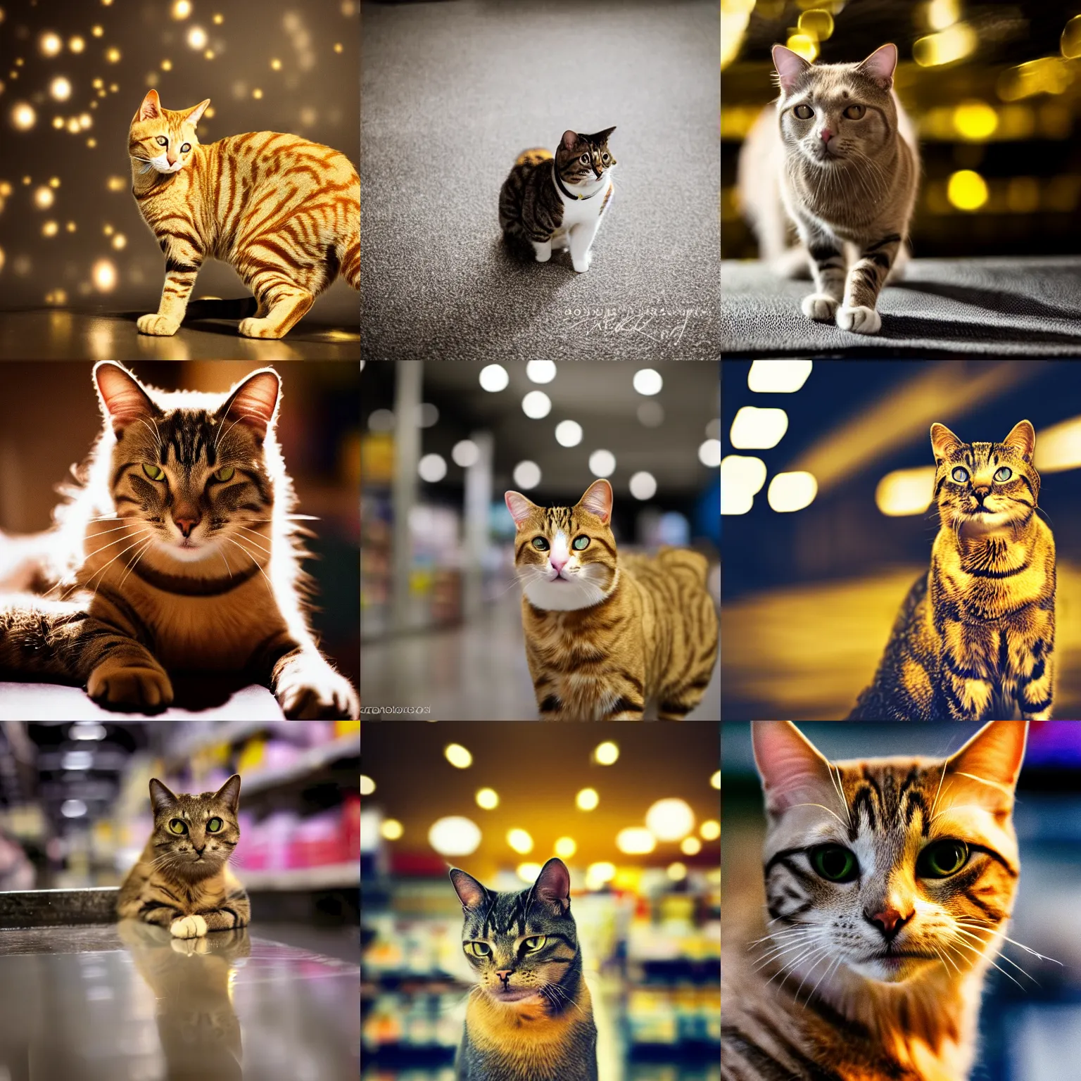 Prompt: a cat made of pure gold spotted in walmart, professional photography, bokeh, dramatic lighting