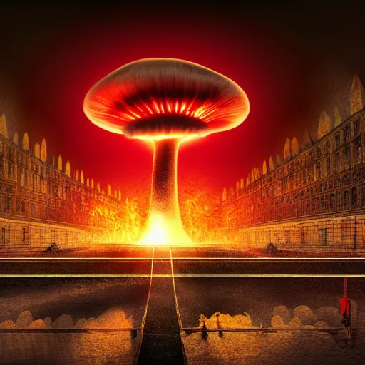 Image similar to a big nuclear explosion with realistic nuclear mushroom in Red Square Kremlin, dramatic lighting, cinematic, extremely high detail, photo realistic