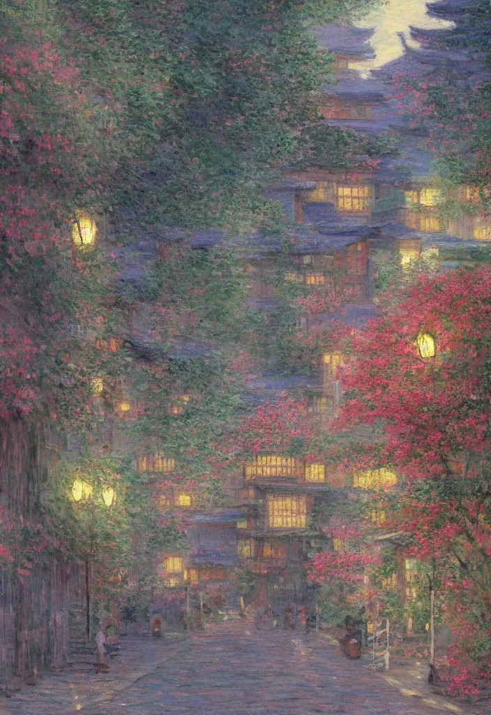 Prompt: a beautiful japanese city in the mountain, amazing ryokans and gorgeous edo era houses, epic cyberpunk, lofi vibe, colorful, vivide colors, amazing light, really beautiful nature, oil painting in impressionist style, by jeremy lipkin, by claude monet, by makoto shinkai, multiple brush strokes, inspired by ghibli, masterpiece, beautiful