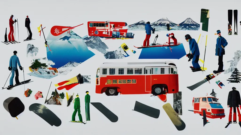 Image similar to an arrangement of skiing traveller props, japan, a collage painting, in the style of wes anderson, lola dupre, david hockney, isolated on negative white space background dark monochrome neon spraypaint accents volumetric octane render