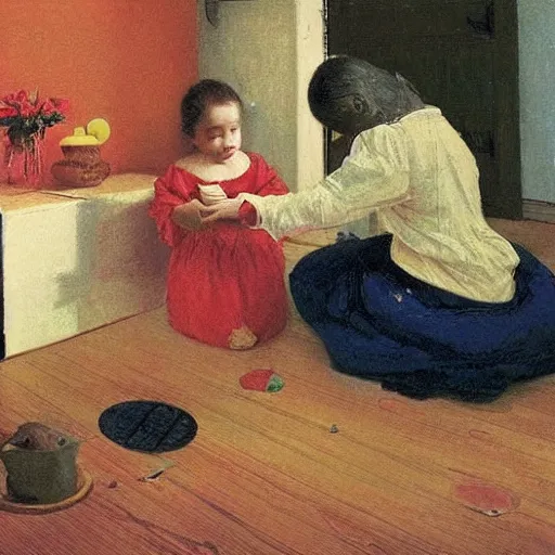 Prompt: A beautiful performance art harmony of colors, simple but powerful composition. A scene of peaceful domesticity, with a mother and child in the center, surrounded by a few simple objects. Colors are muted and calming, serenity and calm. ensō, scarlet by Ilya Repin, by Ron Mueck harrowing