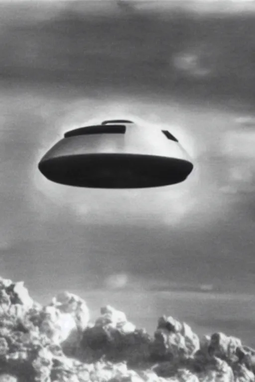 Image similar to still from vhs footage of ufo landing at military base