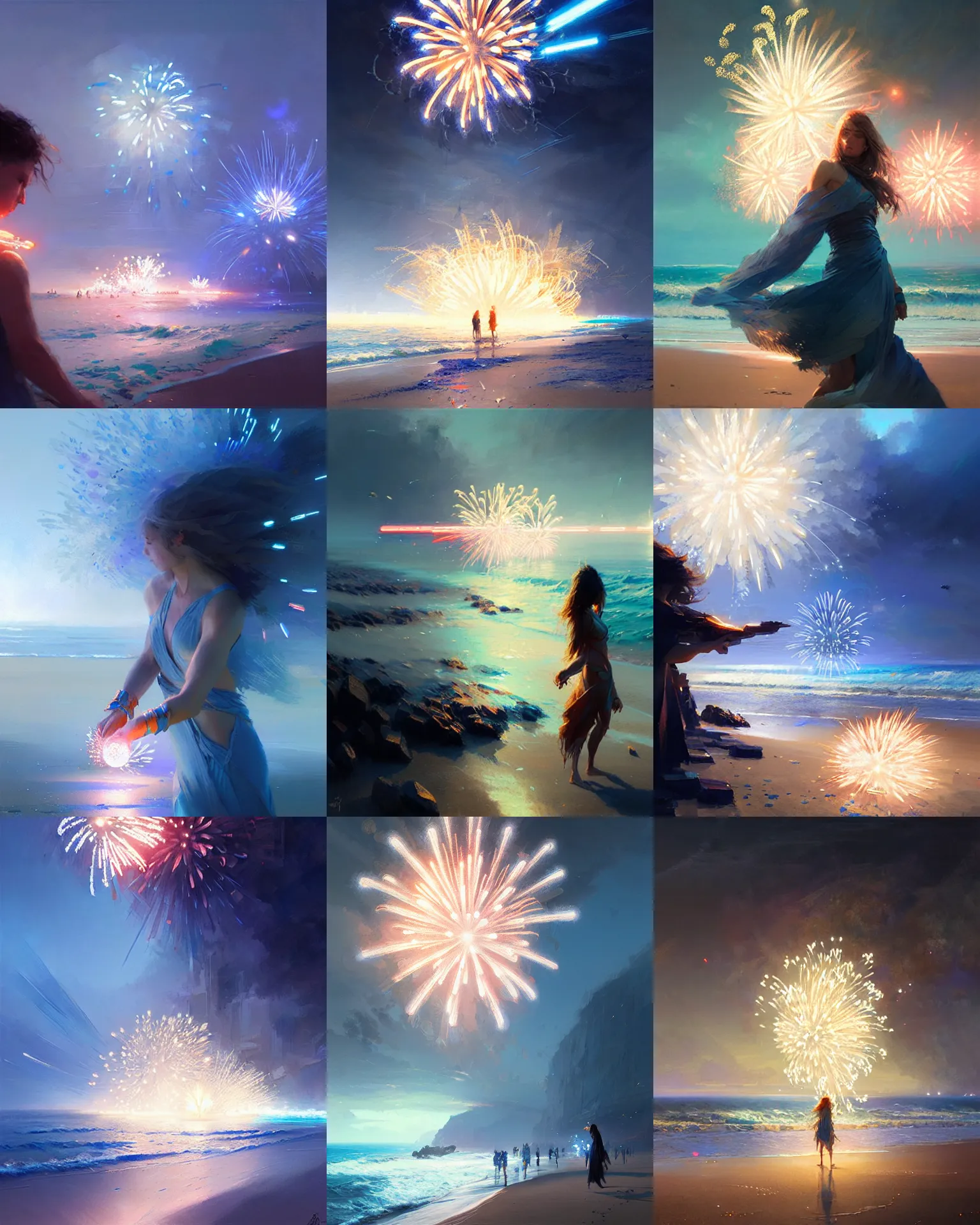 Image similar to beach blue fireworks, intricate, lens flare, bloom, sharp focus, illustration, highly detailed, digital painting, concept art, matte, art by ruan jia and wlop and greg rutkowski, masterpiece