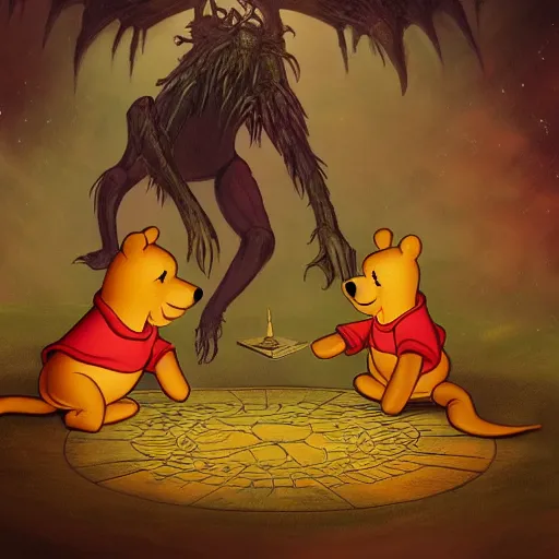 Image similar to Winnie the Pooh summoning demons with the necronomicon, cosmic horror, highly detailed, digital painting, artstation, concept art, sharp focus, illustration,