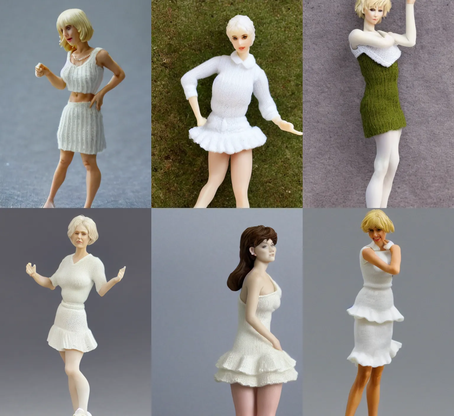 Prompt: 80mm resin detailed miniature of a beautiful mature lady, clothed in white shirt, Ruffled mini skirt, olive skin, short blond hair, arm cover, white knitted tights, beautiful bone structure, symmetrical facial features, Product Introduction Photos, 4K, Full body