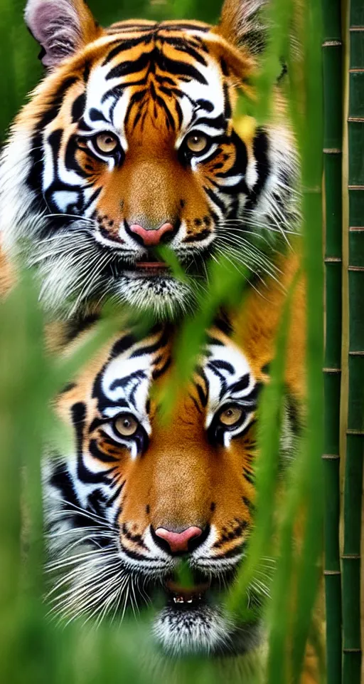 Prompt: a photo of a bengal tiger walking through bamboo towards the camera, looking at the camera, 200mm, canon, f5.6