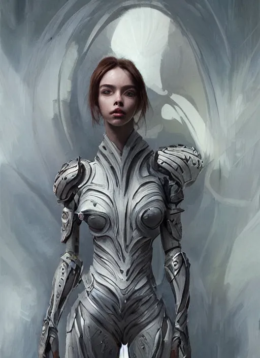 Image similar to a professional painting of a beautiful young female alien, clothed in ethereal armor, olive skin, long dark hair, beautiful bone structure, symmetrical facial features, intricate, elegant, digital painting, concept art, smooth, sharp focus, illustration, from Valerian and the City of a Thousand Planets, by Ruan Jia and Mandy Jurgens and Artgerm and William-Adolphe Bouguerea