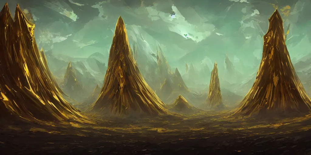 Image similar to giant gold obelisks, ultrawide shot of obsidian landscape, concept art, anato finnstark style,