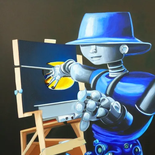 Image similar to a robot painter, painting on a canvas