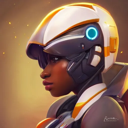 Image similar to portrait cartoon manga anime render of a strikingly gorgeous nigerian 👩🏿, wearing an intricate gundam pilot helmet, rossdraws, artgerm, norman rockwell, emiliano ponzi, epic composition, hd, octane, unreal engine, volumetric lighting, light rays, masterpiece, award - winning