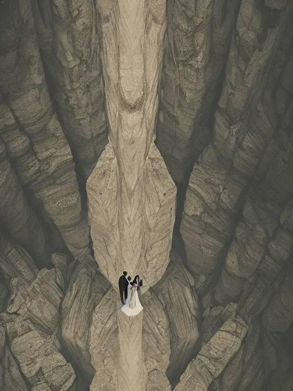 Image similar to bride and groom centered, high symmetry, intimacy, realism, intricate abstract, elegant, looking down a cliff, tall pillar, short perspective, neutral colors, dark lighting, by greg rutkowski, by simon stalenhag