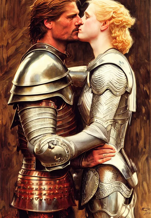 Image similar to attractive fully clothed jaime lannister kisses attractive fully clothed armored brienne of tarth. highly detailed painting by gaston bussiere and j. c. leyendecker 8 k