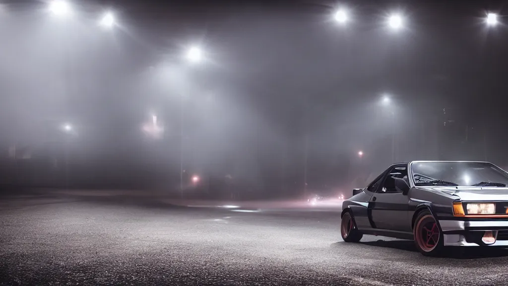 Image similar to a trueno ae 8 6 with pop up headlights, cinematic, long exposure, white balance, 8 k, led, lumen global illumination, fog, ray tracing reflections