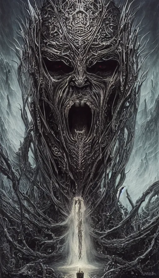 Image similar to Elden Ring and Lord of the Rings themed painting of majestic dark lord Morgoth, intricate artwork by Artgerm, Johnatan Wayshak, Zdizslaw Beksinski, Darius Zawadzki, H.R. Giger, Takato Yamamoto, masterpiece, very coherent artwork, cinematic, high detail, octane render, unreal engine, 8k, High contrast, golden ratio, trending on cgsociety, ultra high quality model, production quality cinema model