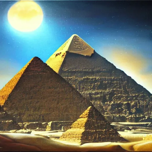 Prompt: oil on canvas of egyptian god beautiful majestic. realistic. beautiful. mysterious. intricately detailed. meticulously rendered.. pyramid. epic. 8 k hd. trending on art station. h 7 6 8