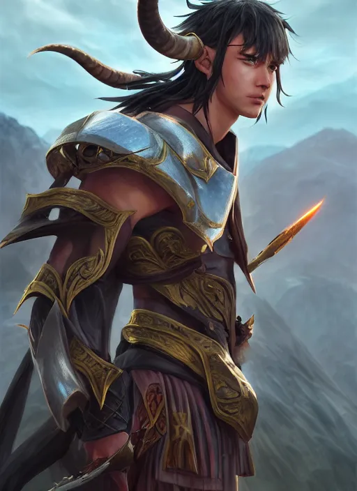 Image similar to handsome young warrior, clean - shaven, horns, pointy ears, long hair, epic landscape, realistic anime, highly detailed, unreal engine 5, 8 k, digital fantasy illustration, by rossdraws, by heise jinyao, sharp focus, octane render, trending on artstation,