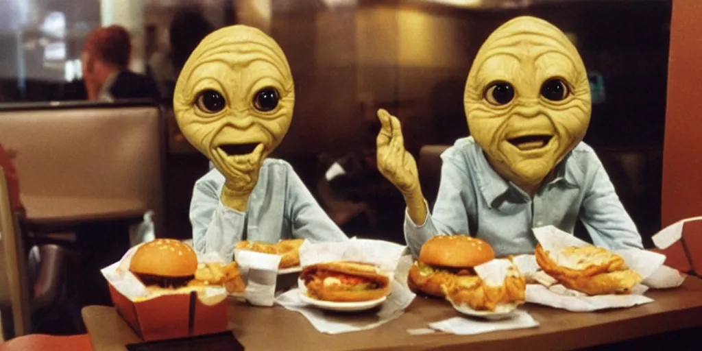 Image similar to e. t sitting in a mc donald ’ s restaurant with an angry expression because he got the wrong hamburger.