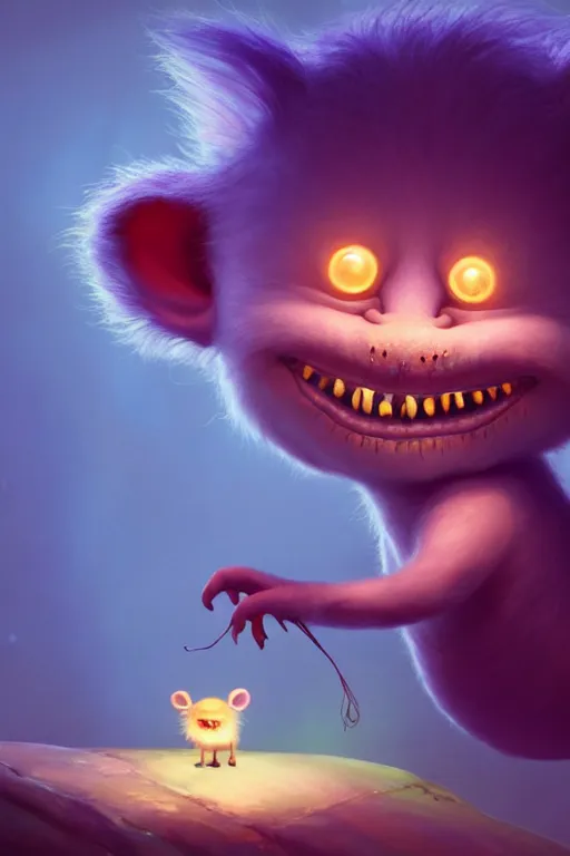 Image similar to a surreal Bioluminescent, very very very cute troll in a happy world by Daniel Merriam, Trending on Artstation, oil on Canvas by Elena Zhurikhina and Goro Fujita and Charlie Bowater, octane render, 4k, 8k, HD