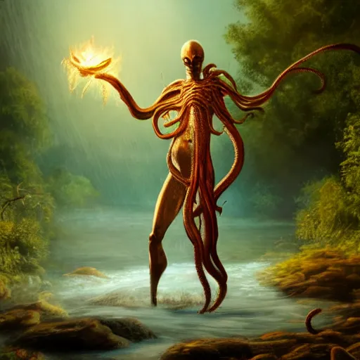 Image similar to a cinematic painting of alien tentacles emerging from the water of a river, a single godly like figure stands on the riverbed watching, fire blowing the leaves from the trees