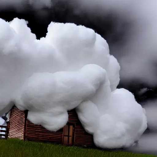 Image similar to a house in the clouds made of cotton.