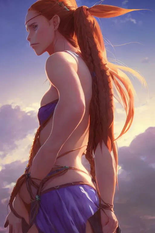 Image similar to long ginger hair, tanned woman in a prehistoric outfit, green eyes, by artgerm, hair tied in a ponytail, white backdrop, soft lighting, blue and purple colors, by greg rutkowski makoto shinkai takashi takeuchi