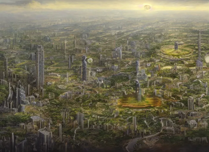 Prompt: garden city on a cared - for planet, cinematic matte painting