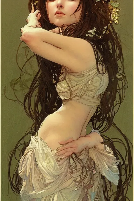 Image similar to beautiful natural coy cottagecore goddess maiden, master drawing, intricate, elegant, highly detailed, digital painting, artstation, concept art, smooth, sharp focus, illustration, art alphonse mucha and james gurney and craig mullins and wlop