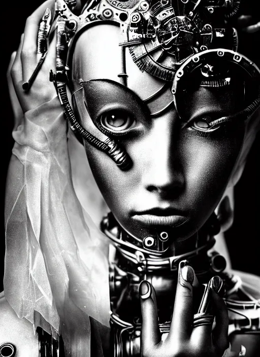 Image similar to photography of beautyful female android steampunk by sebastiao salgado,