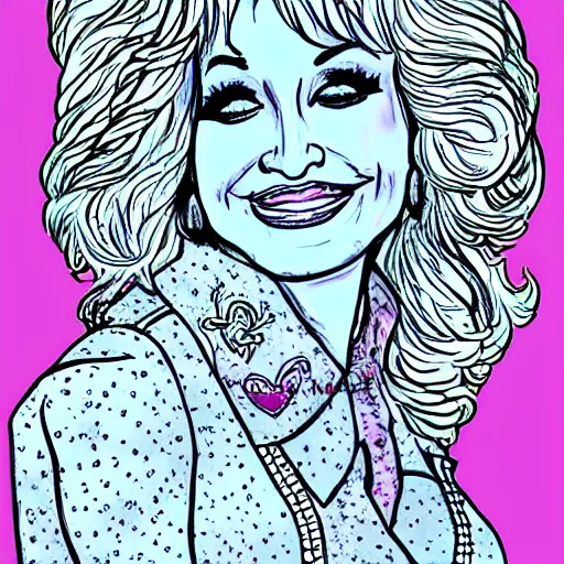 Prompt: dolly parton character sheet, illustration, sketch, portrait, gaudy colors, traditional painting, rough paper