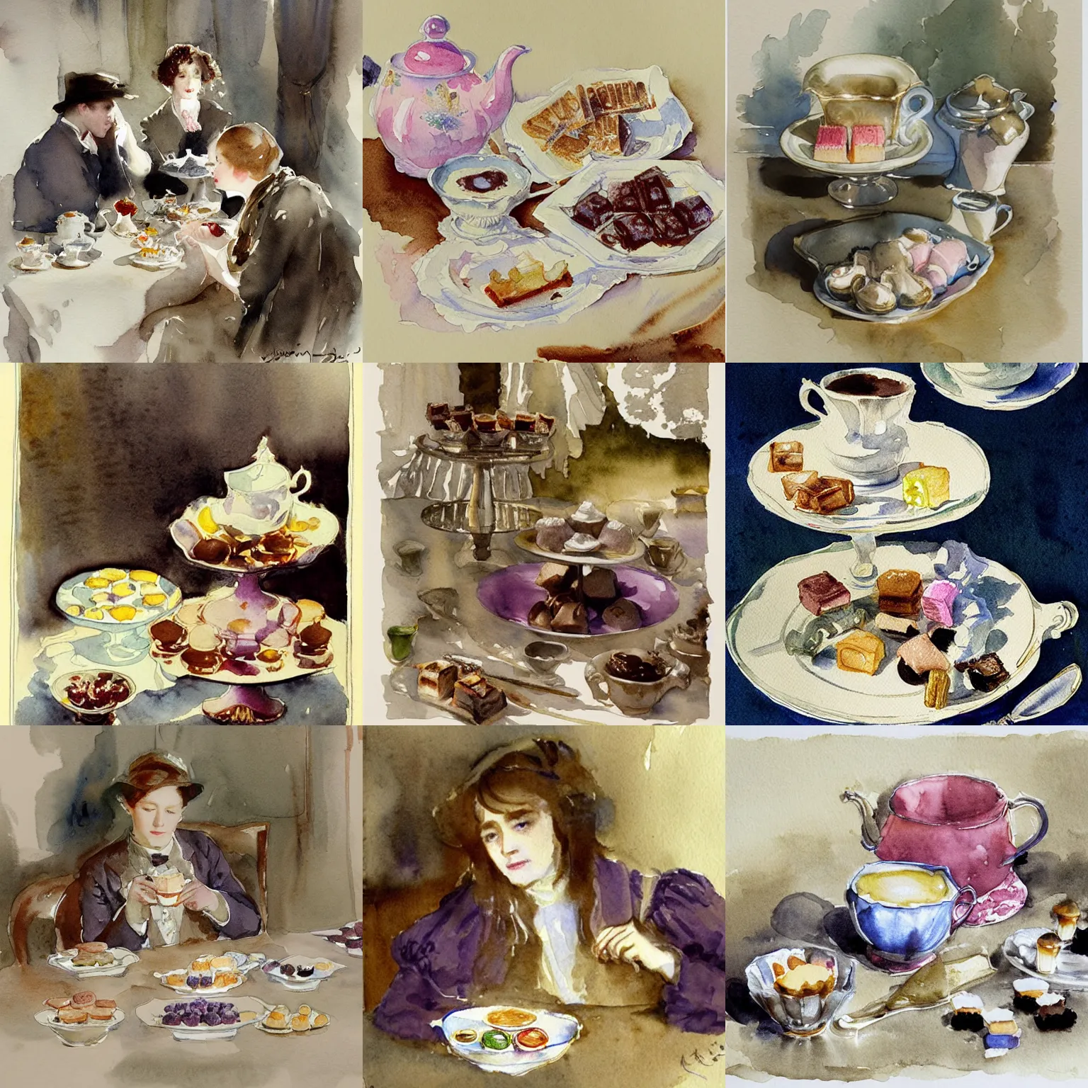 Prompt: tea, sweets, and snacks. intricate watercolor illustration by john singer sargent