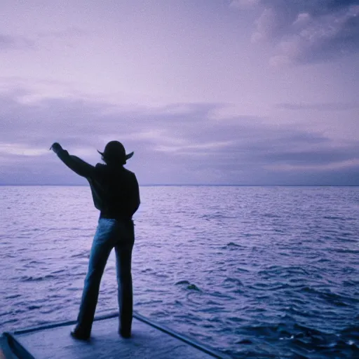 Image similar to michael jackson standing on a raised translucent platform in the middle of the sea, night time with milky way in the sky. cinematic, 3 5 mm film, sharpness, nostalgic and melancholic 4 k, 8 k