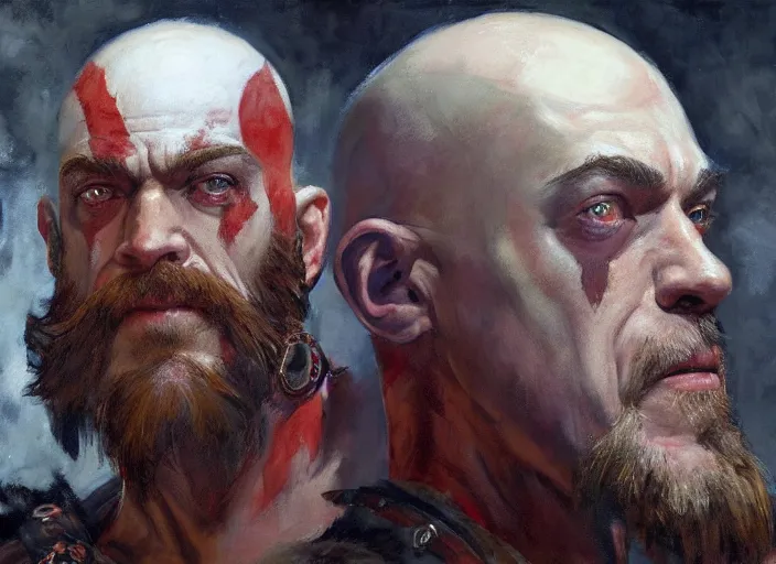 Image similar to a highly detailed beautiful portrait of j. k. simmons as kratos, by gregory manchess, james gurney, james jean