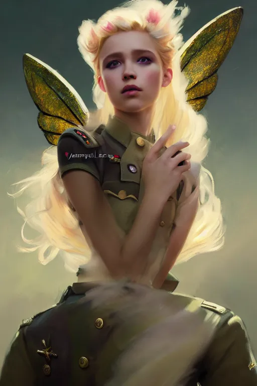 Image similar to cinematic shot of an epic portrait of a cute blonde fairy dressed in military clothes, stylised military clothes, large wings on back, shiny skin, beautiful, small details, realistic poster with volumetric light from jeremy lipkin and michael garmash, craig mallism, artgerm, unreal engine, radiant light, digital art, trends at art station, a masterpiece