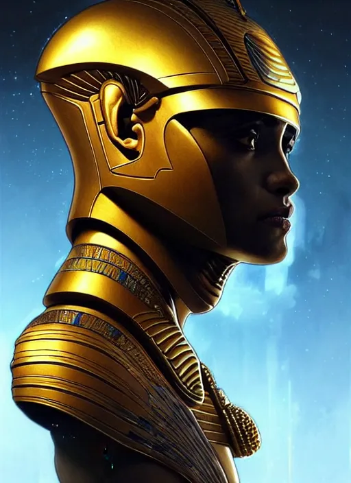 Prompt: Profile!! portrait of an egyptian god, sci-fi armour, tech wear, glowing lights!! sci-fi, intricate, elegant, highly detailed, digital painting, artstation, concept art, smooth, sharp focus, illustration, art by artgerm and greg rutkowski and alphonse mucha