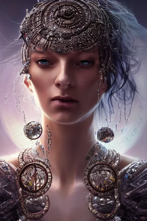 Image similar to a centered render of an alluring post apocalyptic goddess with wearing ornate silver and gemstones and crystal clothing surrounded by flowing liquid gallium jellyfish and sacred geometry, perfect body and face, gorgeous, cinematic, beautifully lit, by tomasz alen kopera and peter mohrbacher and craig mullins, rich colour, 3 d, trending on artstation, octane render, 8 k